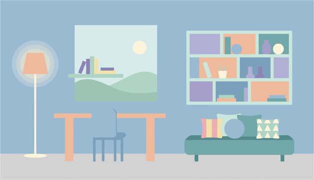 Modern minimalist living room interior with bookshelf and table lamp
