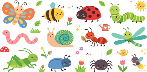 Cute cartoon garden insects and bugs vector collection featuring butterfly bee ladybug snail and dragonfly on white background © MST HASMOTARA