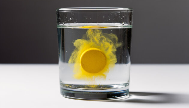 Bright yellow effervescent vitamin tablet dissolving in a transparent glass of water creating beautiful yellow chemical smoke and bubbles against a dark grey studio background