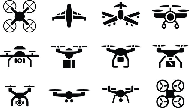 Vector illustration set of black and white icons for web featuring airplane silhouette and transport aircraft symbols including jet flight and military helicopter aviation design for travel and air tr