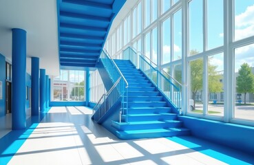 Obraz premium Modern school hall features vibrant blue staircase, railings. Large windows flood space with natural light, showing green trees outside. This bright, clean interior offers sense of openness, growth.