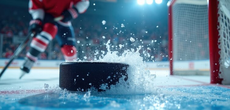 Hockey puck hits ice near goal net with player in background. Ice spray and motion create dynamic action during game. Intense competition on rink.