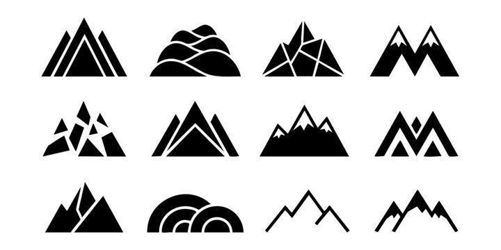 Mountain icons showcase various peaks and silhouettes in black.