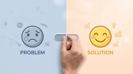 Fototapeta premium A hand sliding a switch from a sad problem face to a happy solution face with business icons representing a positive change and emotional transformation concept