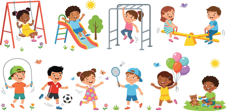 Happy diverse children playing on playground equipment with slide swing and monkey bars vector illustration set
