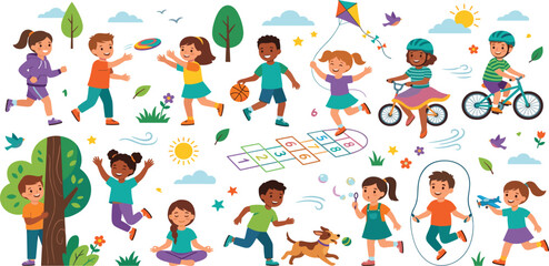 Happy diverse children playing outdoor sports and games with pet dog and active hobbies vector illustration set