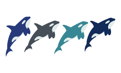 Fototapeta premium Four stylized orca whale silhouettes in various swimming poses with minimal geometric shapes isolated on a white background. Marine life concept