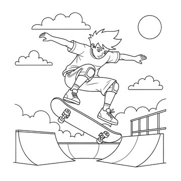 Young skateboarder performing a trick on a half-pipe ramp against a backdrop of clouds and a sun