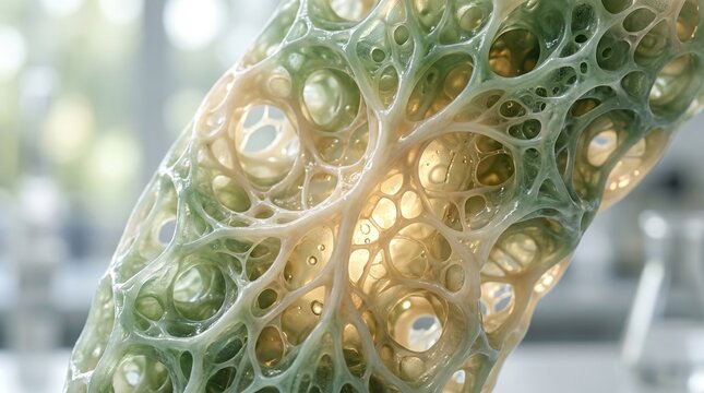 Macro View of Porous Biomaterial and Synthetic Cellular Tissue. Detailed macro photography of a porous, organic-like structure featuring a complex network of cavities and fibers.