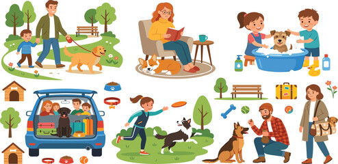Fototapeta premium Vector collection of happy people and children caring for pet dogs with travel bathing and training lifestyle scenes