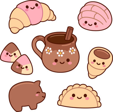 Kawaii Mexican Cafe de Olla coffee and sweet pastries. Concha, empanada, cuernito, marranito, polvorones. Cute cartoon vector illustration set. 