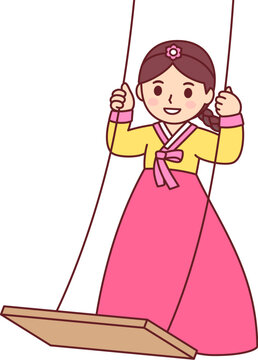 Korean Dano festival celebration. Cute cartoon girl in hanbok riding traditional swing. Isolated vector clipart illustration.