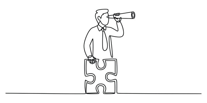Businessman looking through telescope with a puzzle piece in one line