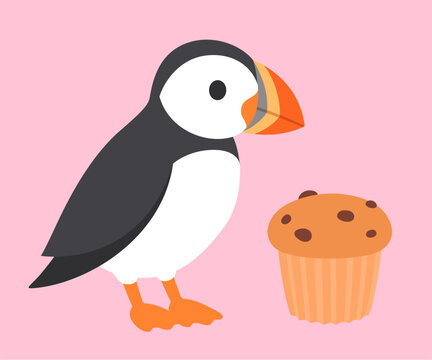 Cute cartoon puffin with a muffin