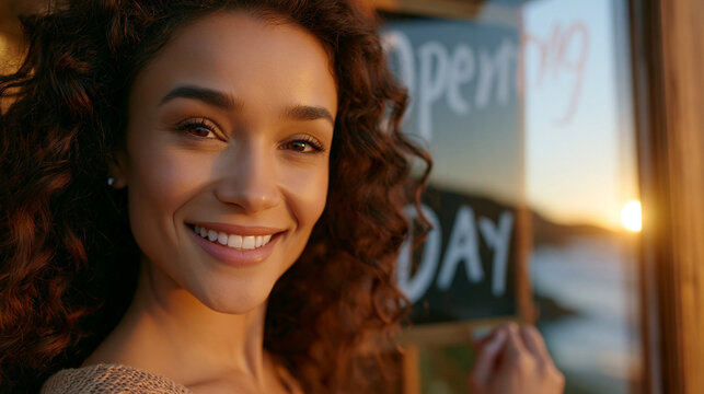 Bootstrapped founder taping a hand-lettered opening day sign to the inside of a shop window at dawn, golden hour striking the storefront glass, a moment of quiet before the first customer arrives, p