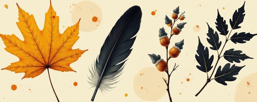 Autumn elements like maple leaf, feather, acorns, and dark leaves arranged against cream background. Watercolor splatters and circular shapes add artistic detail.