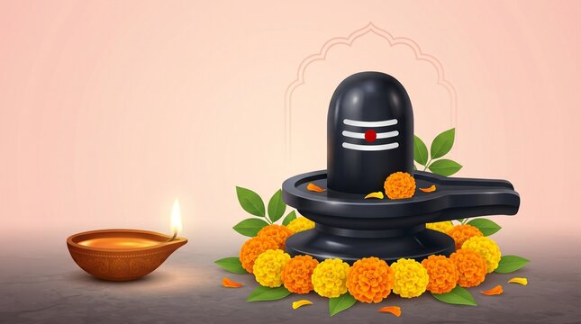 Lord Shiva Lingam with marigold flowers and oil lamp for Maha Shivaratri.