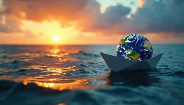 Earth globe rests in paper boat sailing calm ocean waves at beautiful sunset sky. Concept of planetary voyage care and environmental future.