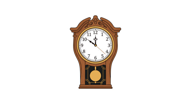 A traditional wooden pendulum clock with a white face and Roman numerals hangs on a white background.