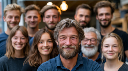 Obraz premium Intergenerational startup team photo in a converted garage space, age range from twenties to sixties, no posed smiles, just focused faces gathered around a single prototype, warm utility bulb overhe