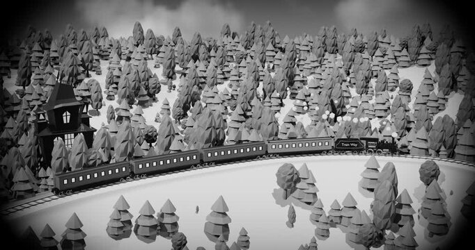 3d template design - Train, mountains and trees. Summer holiday. Time to travel. 3d render video.