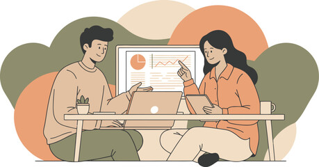 Fototapeta premium Flat vector illustration of business colleagues analyzing financial data, young professionals working on laptop and tablet, corporate teamwork concept