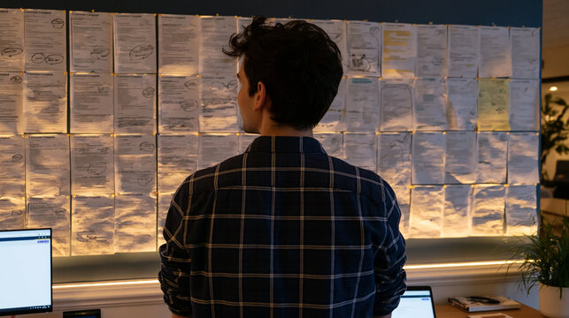 Startup post-mortem wall: printed customer complaint emails pinned in rows, hand-annotated with root cause circles, a lone founder studying them in an empty office, golden hour striking the wall dra