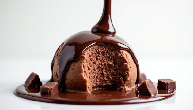 Bitten chocolate ice cream sphere poured with dark fudge sauce. Small brownie bits surround the dessert on white surface. Cold sweet treat melting slowly, delicious refreshment.