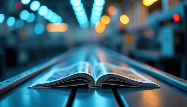 Open magazine on automated production line, blurred background shows lights and machines. Printing and publishing industry concept with copy space.