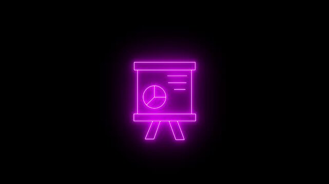 Glowing Purple Neon Presentation Board Icon with Pie Chart and Data - Business Analytics and Infographic Concept on Black Background