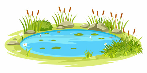 Cartoon pond with blue water rocks and vegetation © Sudebi
