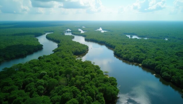 Wide aerial view of winding river flowing through dense green forest landscape. Water reflects blue sky with clouds. Lush trees cover vast terrain.