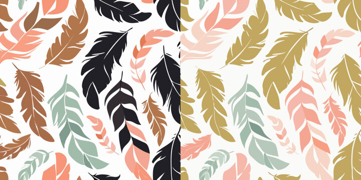 Feather pattern seamless design with stylized feathers on white background