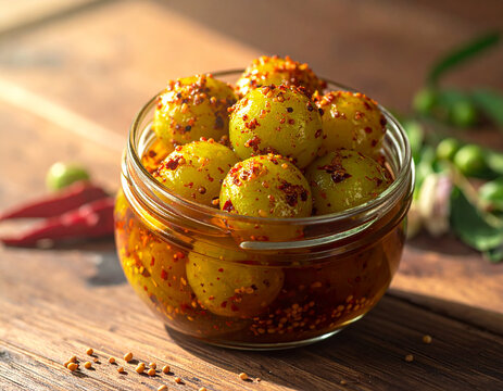 Tangy gooseberry pickle packed with bold Indian spices.