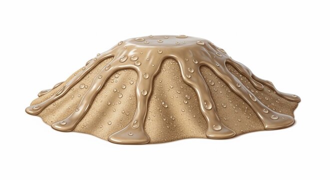 Volcanic eruption shaped dessert with melted caramel on a white background, a unique sweet treat