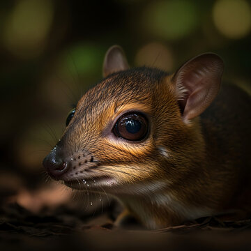 Captivating close-up of a small, vigilant mouse-deer peering from its dark, natural forest sanctuary