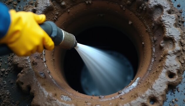 Worker uses high pressure water jet to clean clogged sewer pipe. Plumber clears blockage with hose in dirty drain. Sewage maintenance service for underground utility system.