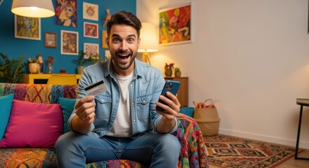 Obraz premium A happy man sits on a colorful sofa, looking excited while holding a credit card and smartphone for online shopping in a vibrant home.