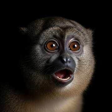 Close-up Portrait of a surprised baby monkey with wide eyes and an open mouth on black background