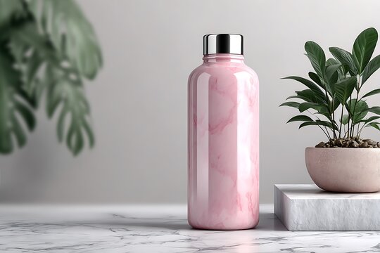 Pink marble patterned reusable water bottle with silver cap and green plant decor