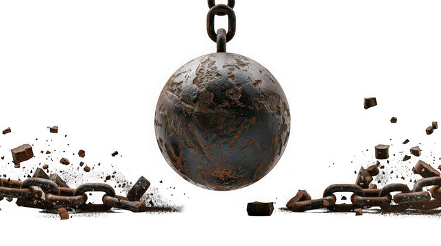 Heavy rusty iron wrecking ball on a chain with breaking debris as isolated on transparent background