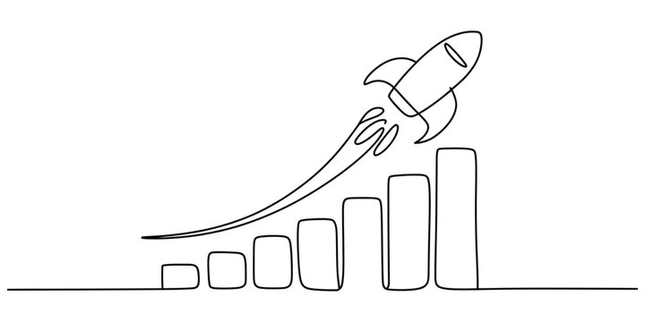 Continuous line drawing of a rocket ship flying above a growth chart