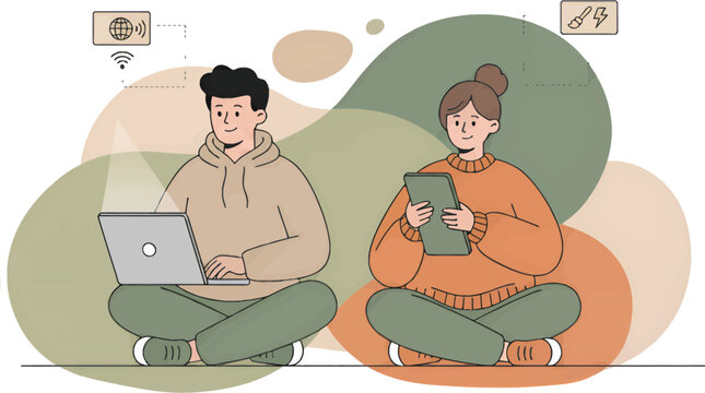 Flat design people, sitting, using laptop and tablet, casual, colorful illustration isolated on Transparent Background