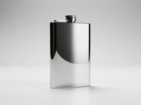 Shiny metal hip flask with cap on top for storing liquids