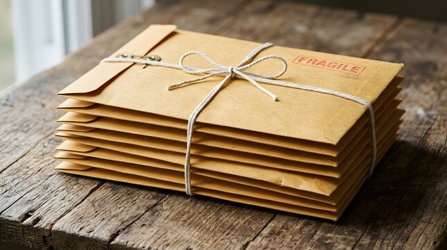 Stack of brown paper envelopes tied with string on a rustic wooden table