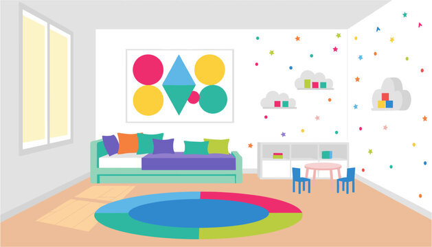 Colorful geometric shapes wall art in a modern children's playroom with bed and rug