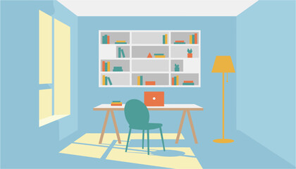 Cozy home office workspace with desk, chair, laptop, and bookshelf © FahimStock
