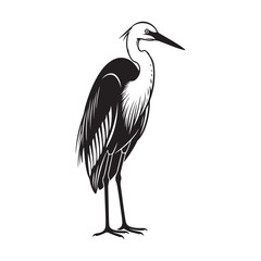 Fototapeta premium Black and white vector illustration of a standing heron. Ideal for nature logos, wildlife branding, and decorative graphic design representing elegance and tranquility