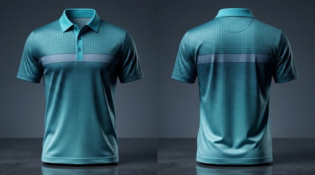 Premium polo shirt mockup featuring a dark teal geometric gradient pattern and a small bird logo. Front and back views highlights professional sports or corporate uniform design.
