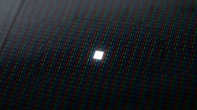 Macro closeup of a digital display screen showing rgb subpixels with one pixel illuminated